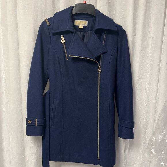 Michael Kors Navy Blue Wool Blend Belted Asymmetrical Zip Coat Size 2 P - Picture 2 of 10